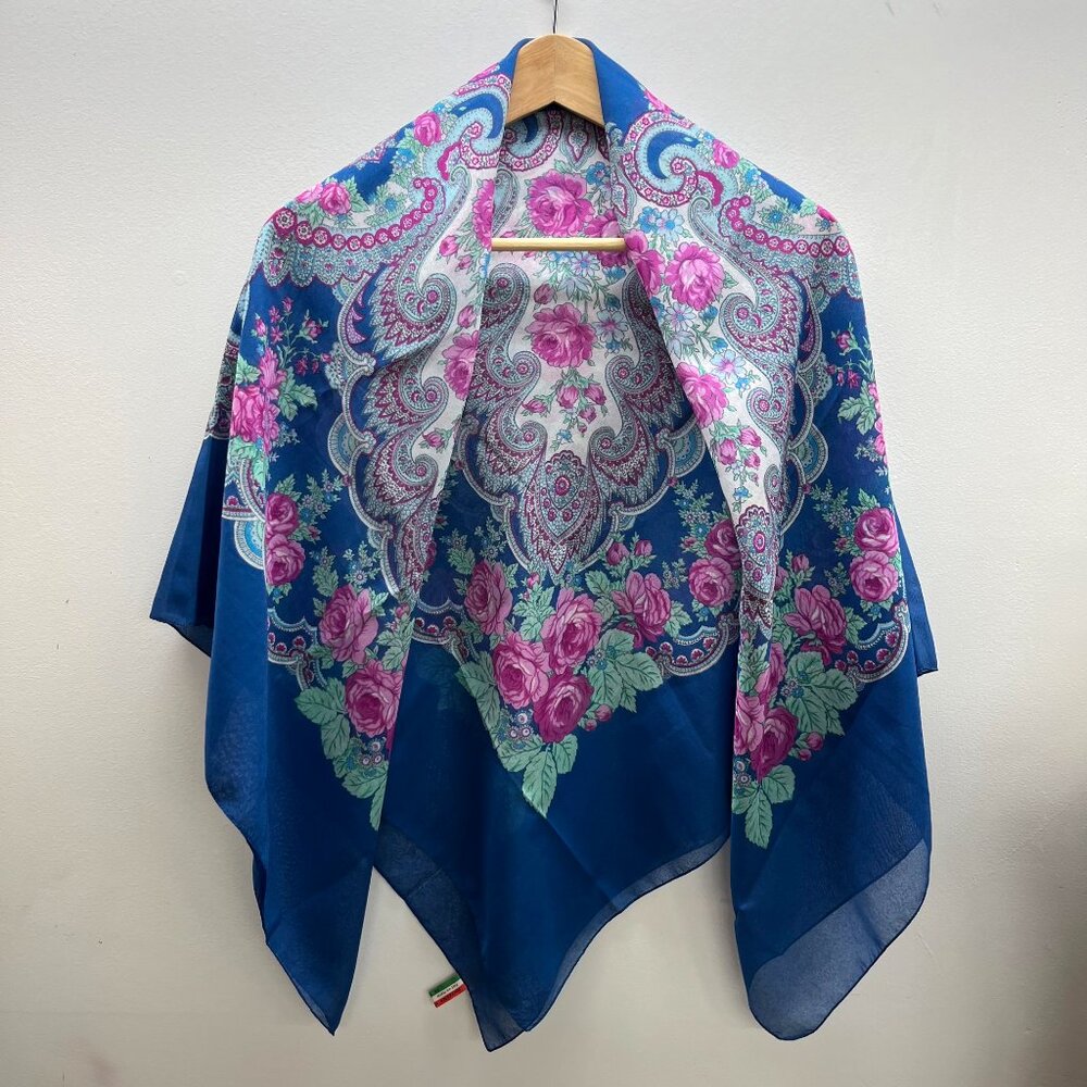 Vintage Italian Scarf | Blue Roses and Paisley Shawl | Made in Italy - Picture 2 of 7